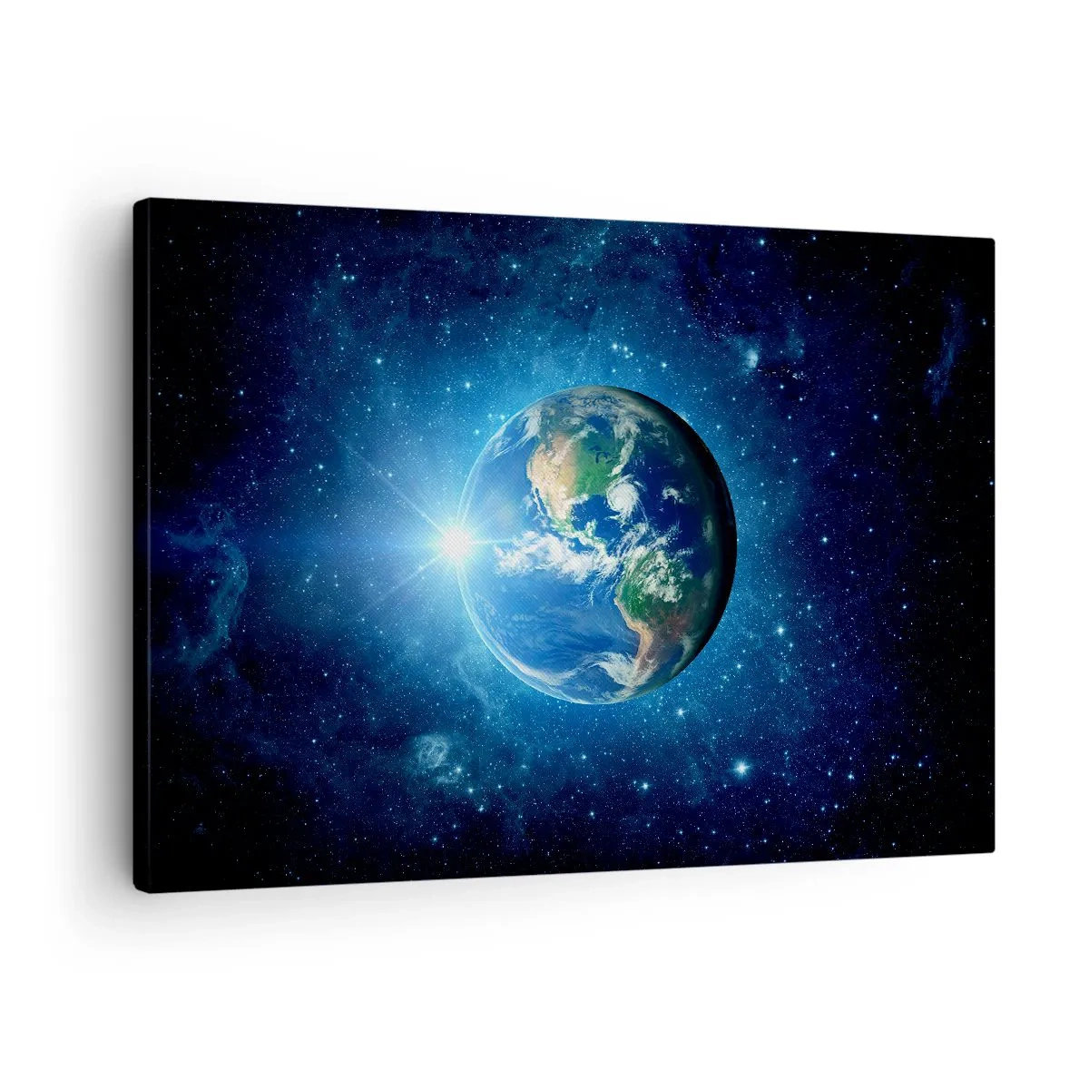 Bild auf Leinwand - Leinwandbild - Erde im Weltraum, umgeben von Sternen und Licht - 70x50cm - Wir sind im Himmel - Moderne Wanddekoration für Wohnzimmer und Schlafzimmer ARTTOR