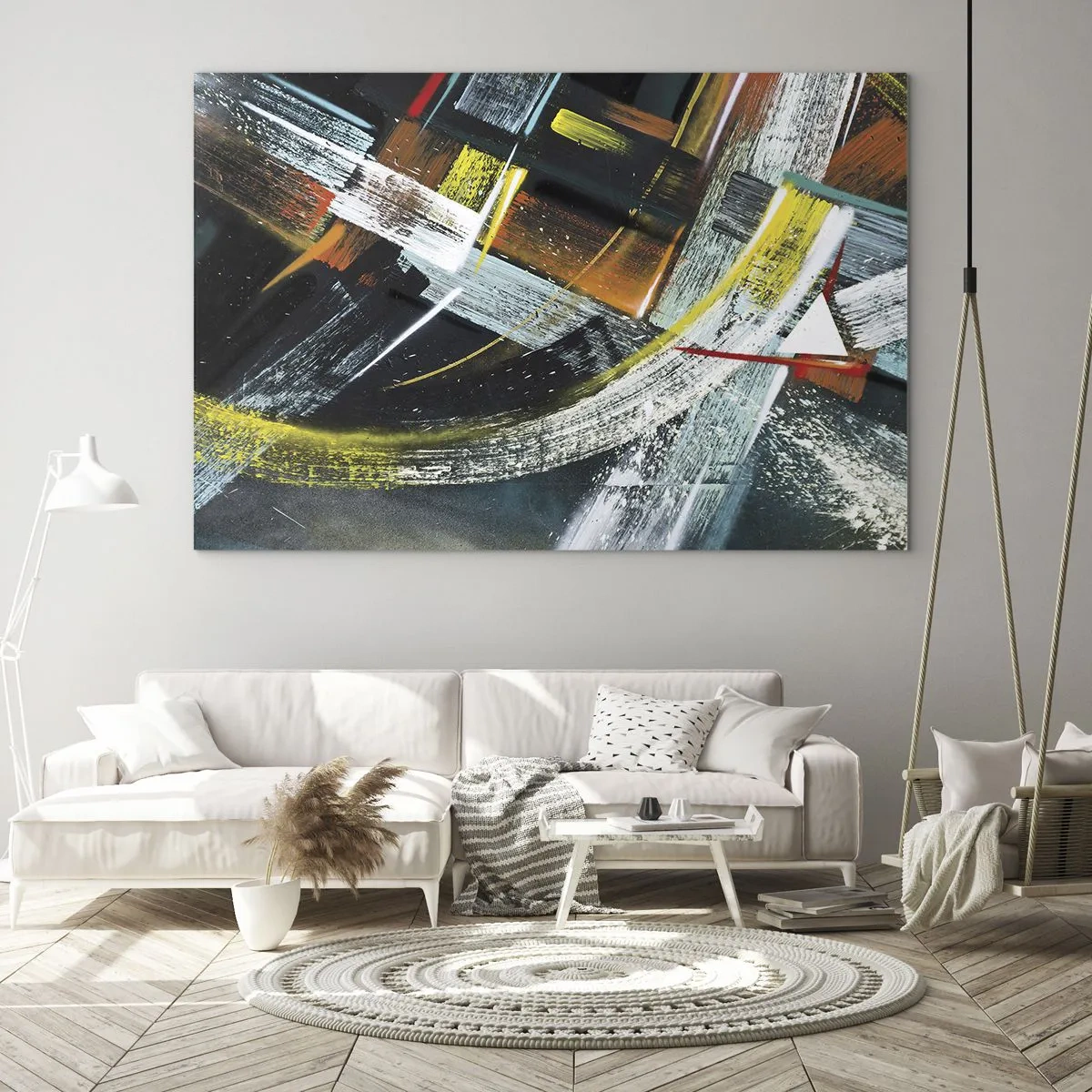 Glasbild - Bild auf glas - Dynamische Abstraktion mit bunten Pinselstrichen - 70x50cm - Energie der Bewegung - Moderne Wanddekoration für Wohnzimmer und Schlafzimmer ARTTOR