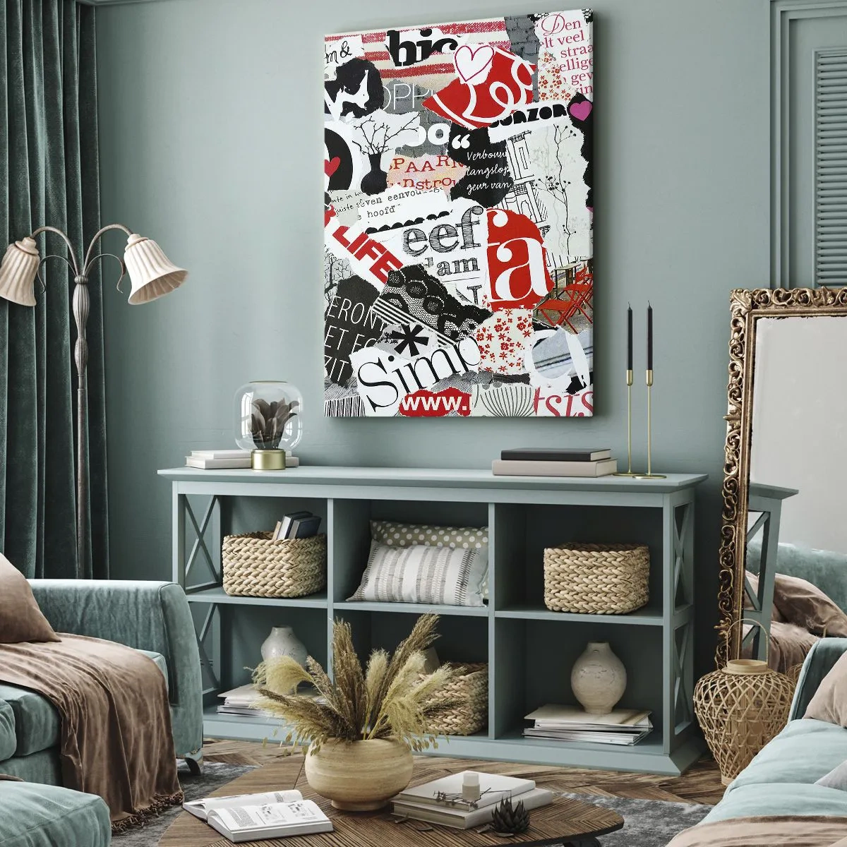 Bild auf Leinwand - Leinwandbild - Eine bunte Collage mit Aufschriften, Herzen und Grafiken. - 70x100cm - Hipster-Collage - Moderne Wanddekoration für Wohnzimmer und Schlafzimmer ARTTOR
