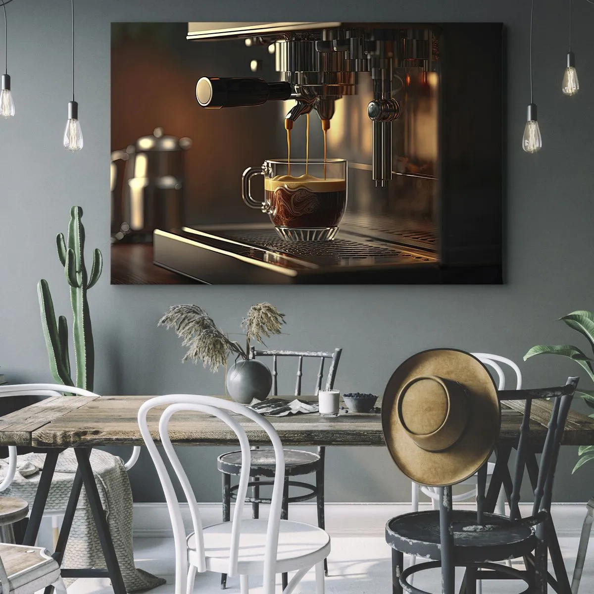 Bild auf Leinwand - Leinwandbild - Kaffeemaschine mit einer Tasse aromatischem Espresso - 100x70cm - Sinnliche Mischung - Moderne Wanddekoration für Wohnzimmer und Schlafzimmer ARTTOR