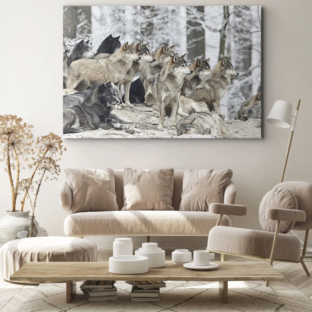 Bild auf Leinwand - Leinwandbild - Ein Wolfsrudel im Winterwald - 70x50cm - Familie und Freunde - Moderne Wanddekoration für Wohnzimmer und Schlafzimmer ARTTOR