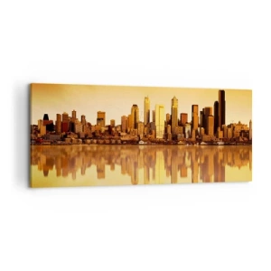 Bild auf Leinwand - Leinwandbild - Stadtpanorama spiegelt sich im Wasser bei Sonnenuntergang - 120x50cm - Die Stille der Metropole - Moderne Wanddekoration für Wohnzimmer und Schlafzimmer ARTTOR