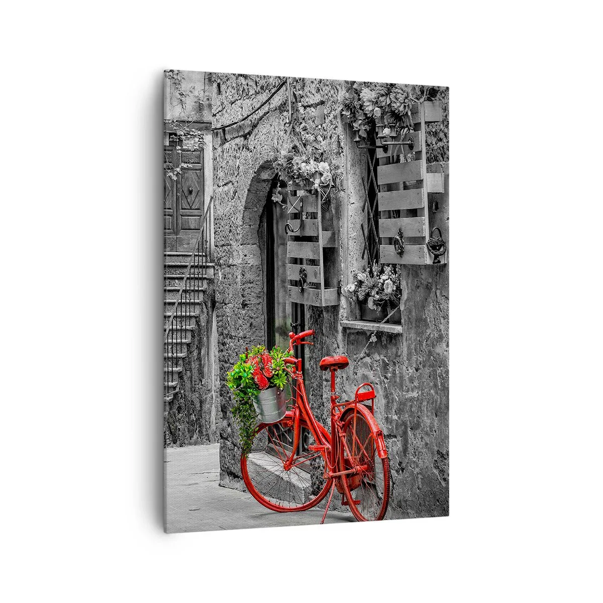 Bild auf Leinwand - Leinwandbild - Ein rotes Fahrrad in einer schwarz-weißen Straße - 70x100cm - Toskanische Gasse - Moderne Wanddekoration für Wohnzimmer und Schlafzimmer ARTTOR