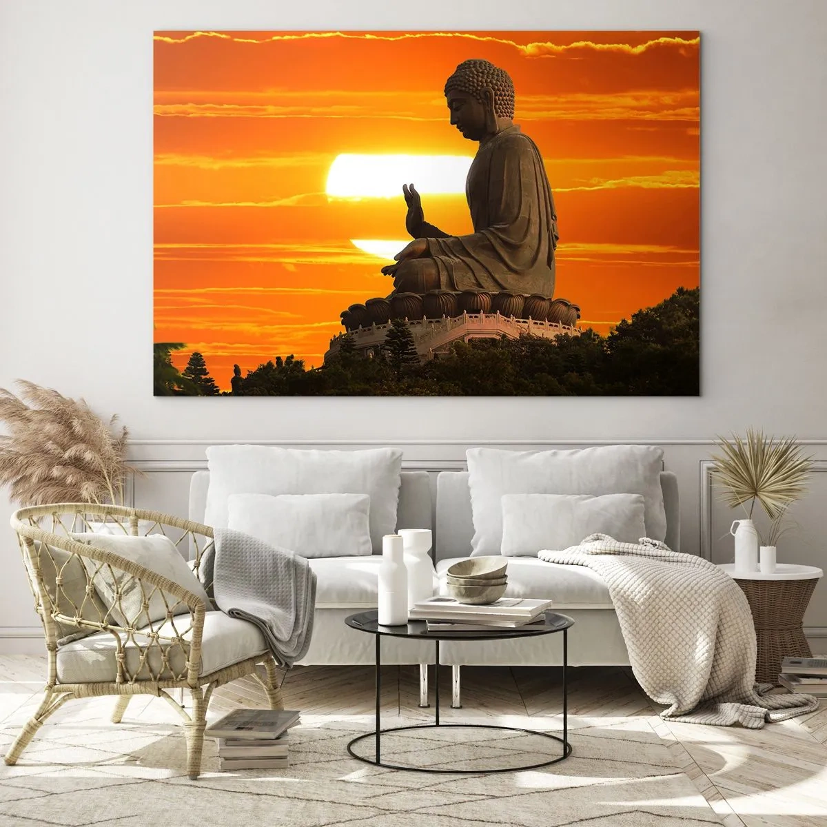 Glasbild - Bild auf glas - Buddha-Statue vor dem Hintergrund der untergehenden Sonne - 120x80cm - Keine Angst vor der Welt - Moderne Wanddekoration für Wohnzimmer und Schlafzimmer ARTTOR
