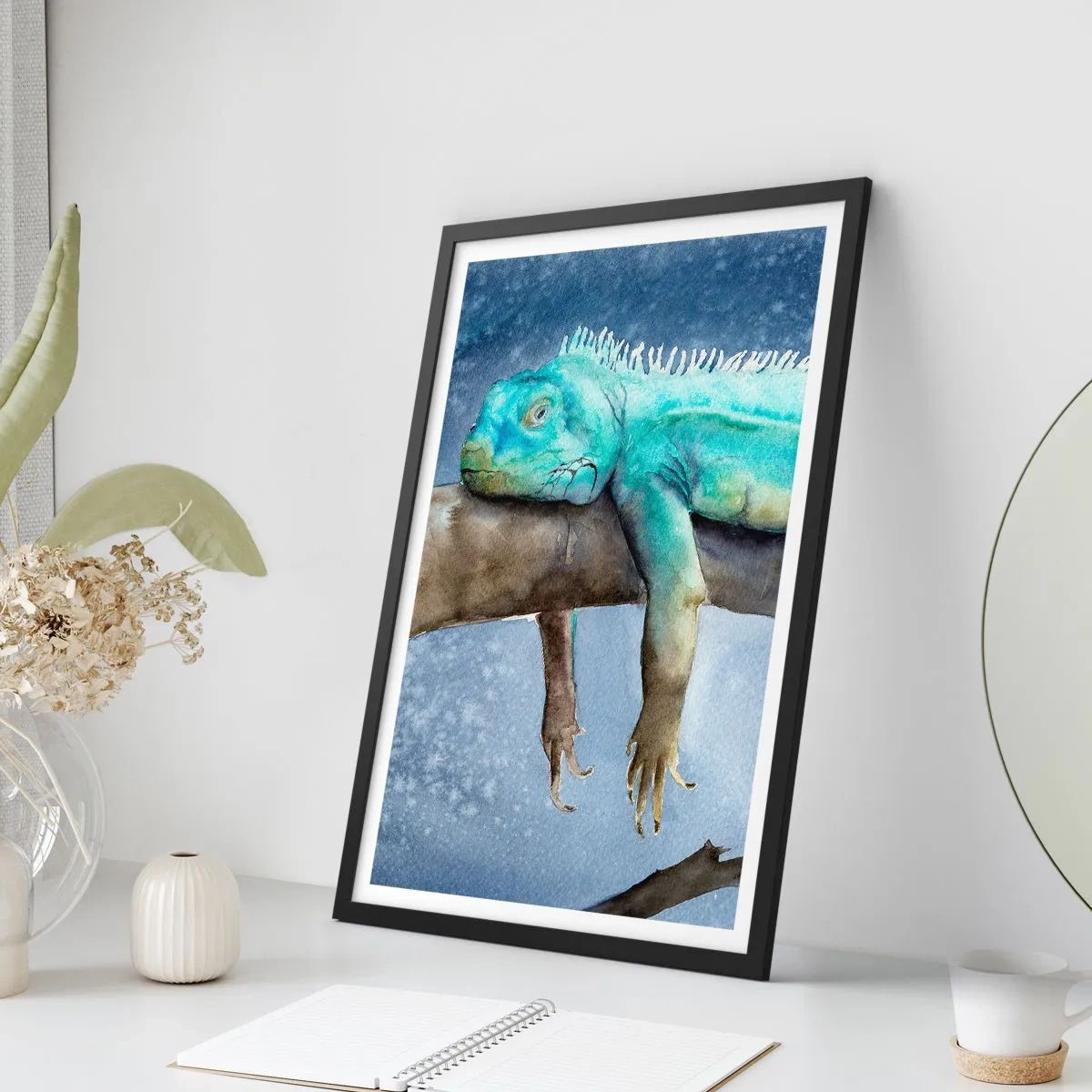 Poster in einem schwarzem Rahmen - Ein Aquarellgemälde eines Leguans, der auf einem Ast ruht. - 50x70cm - Es ist gut! - Moderne Wanddekoration für Wohnzimmer und Schlafzimmer ARTTOR