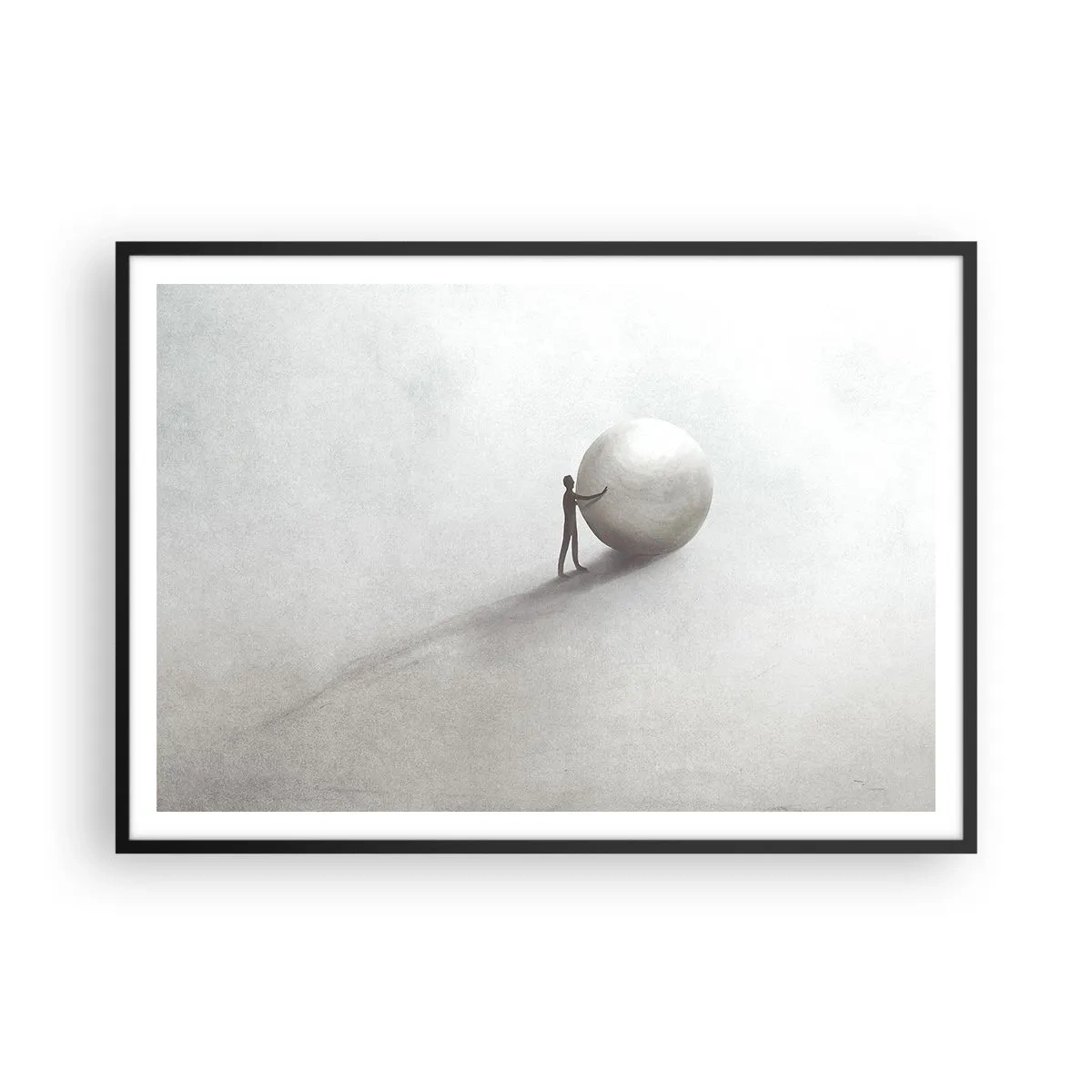 Poster in einem schwarzem Rahmen - Eine minimalistische Figur mit einem Ball auf einem hellen, monochromen Hintergrund. - 100x70cm - Das Spiel des Lebens - Moderne Wanddekoration für Wohnzimmer und Schlafzimmer ARTTOR
