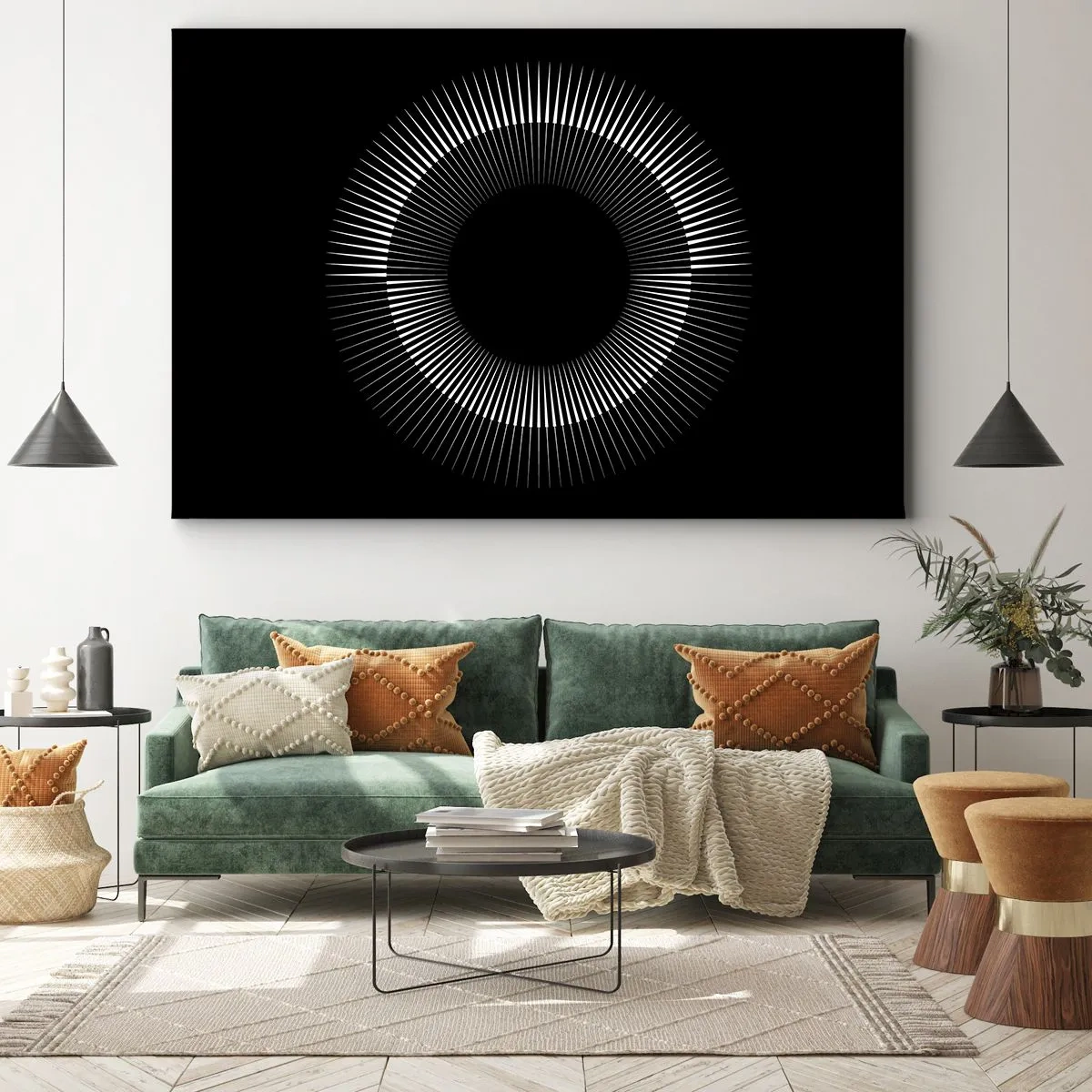 Bild auf Leinwand - Leinwandbild - Grafischer Kreis mit Strahlen in Schwarz und Weiß - 70x50cm - Schwarze Sonne - Moderne Wanddekoration für Wohnzimmer und Schlafzimmer ARTTOR