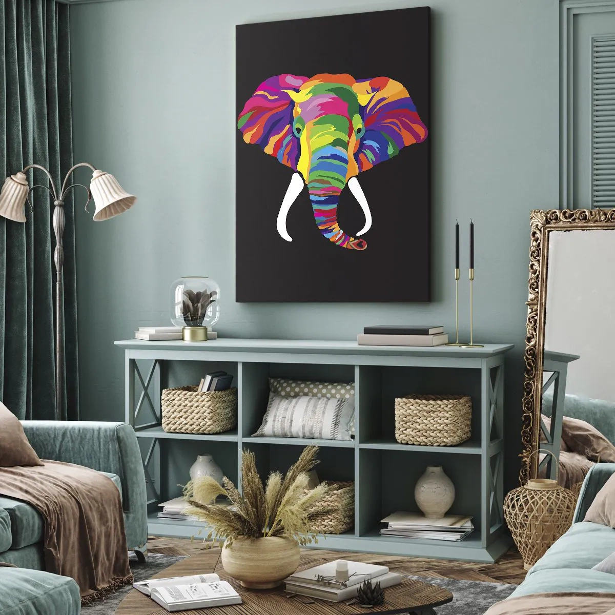 Bild auf Leinwand - Leinwandbild - Ein buntes Bild eines Elefanten auf schwarzem Hintergrund - 50x70cm - Der Elefant, der es liebte, im Regenbogen zu baden - Moderne Wanddekoration für Wohnzimmer und Schlafzimmer ARTTOR