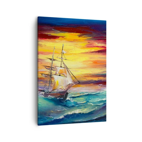 Bild auf Leinwand - Leinwandbild - Ein Segelschiff vor der Kulisse eines farbenfrohen Sonnenuntergangs - 50x70cm - Tapfer unter den Wellen - Moderne Wanddekoration für Wohnzimmer und Schlafzimmer ARTTOR
