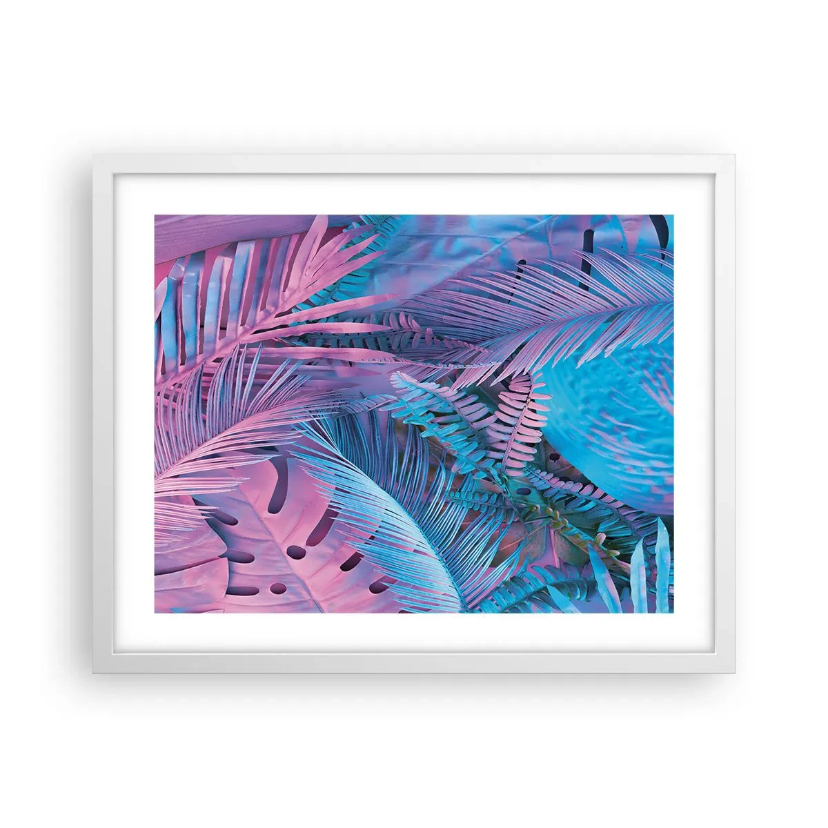 Poster in einem weißen Rahmen - Tropen in Rosa und Blau - 50x40 cm