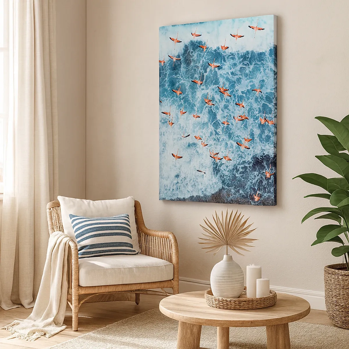 Bild auf Leinwand - Leinwandbild - Eine Vogelperspektive auf rosa Flamingos über einem blauen Ozean - 50x70cm - Die Küstenparade - Moderne Wanddekoration für Wohnzimmer und Schlafzimmer ARTTOR