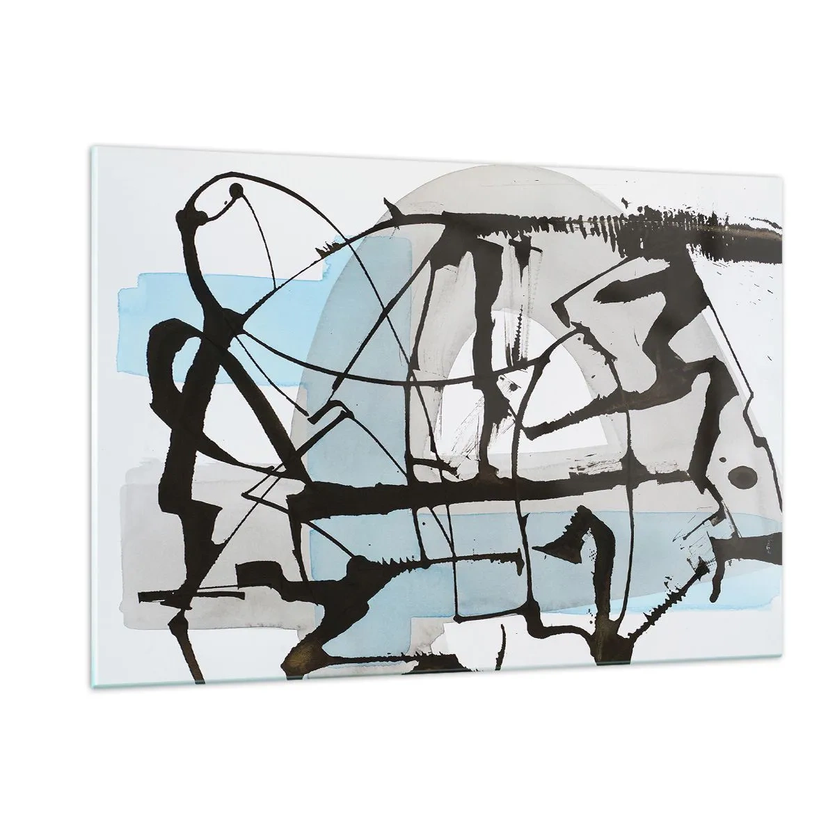 Glasbild - Bild auf glas - Abstrakte Komposition mit schwarzer Skizze und blauen Flecken - 120x80cm - Trotzdem blau - Moderne Wanddekoration für Wohnzimmer und Schlafzimmer ARTTOR