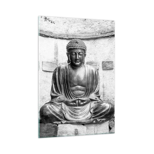 Glasbild - Bild auf glas - Schwarz-weiße Buddha-Statue in meditativer Pose - 50x70cm - An der Quelle des Friedens - Moderne Wanddekoration für Wohnzimmer und Schlafzimmer ARTTOR