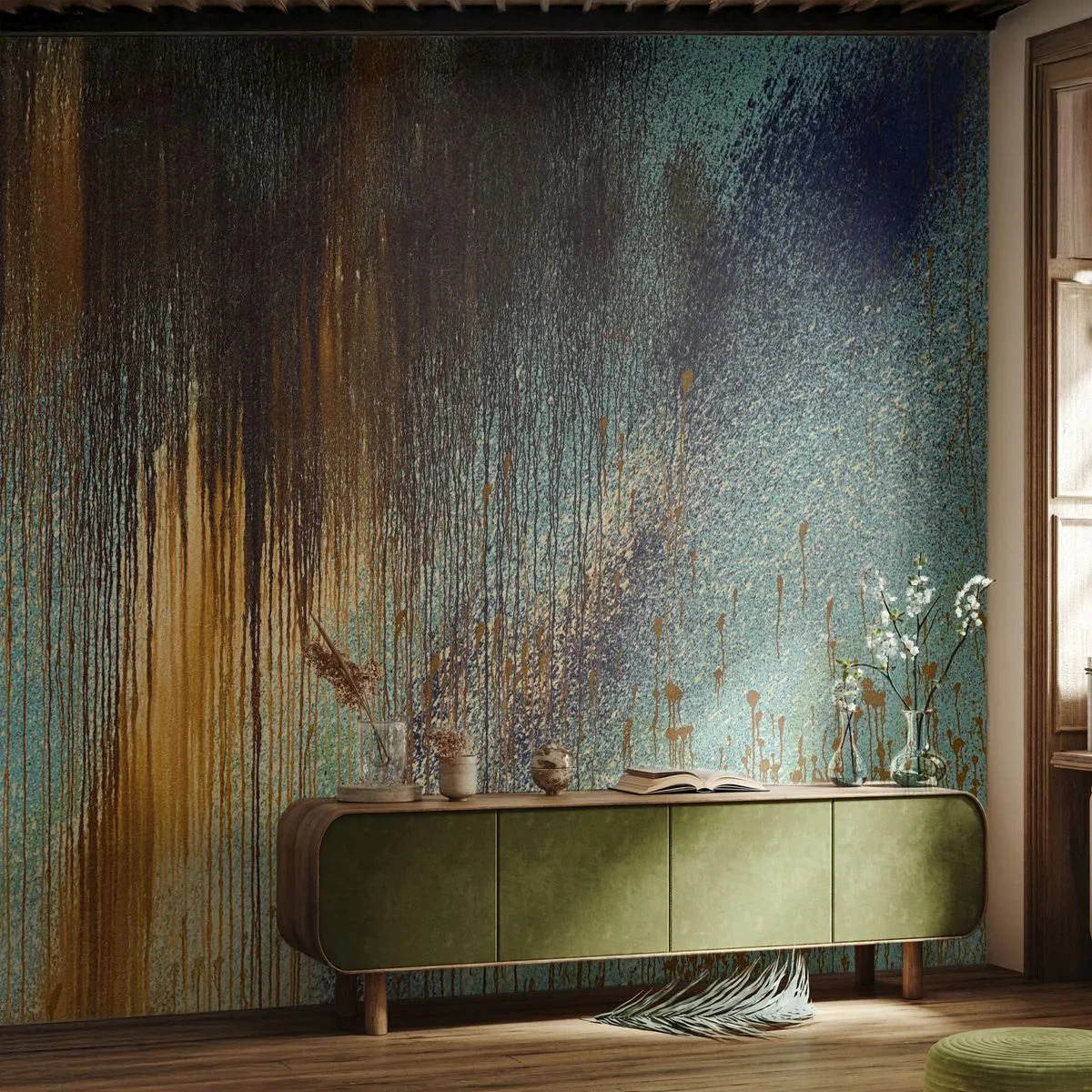Fototapete Premium Sand - Abstrakte Komposition in Gold und Türkis - 100x70cm - Eine nicht zufällige farbenfrohe Komposition - Moderne Wanddekoration für Wohnzimmer und Schlafzimmer ARTTOR