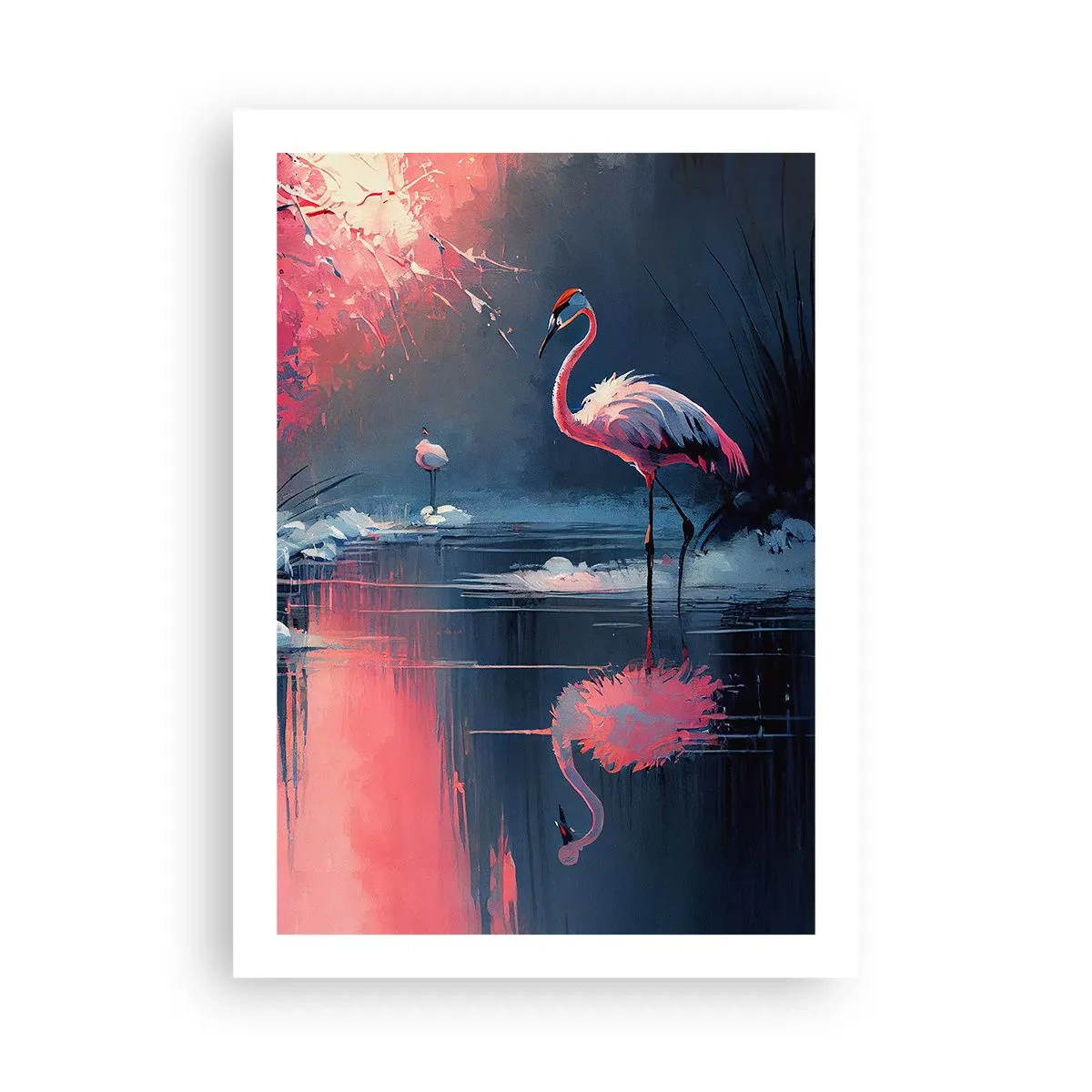 Poster - Flamingos auf einem ruhigen See - 50x70cm - Rückzugsort für Vögel - Moderne Wanddekoration für Wohnzimmer und Schlafzimmer ARTTOR