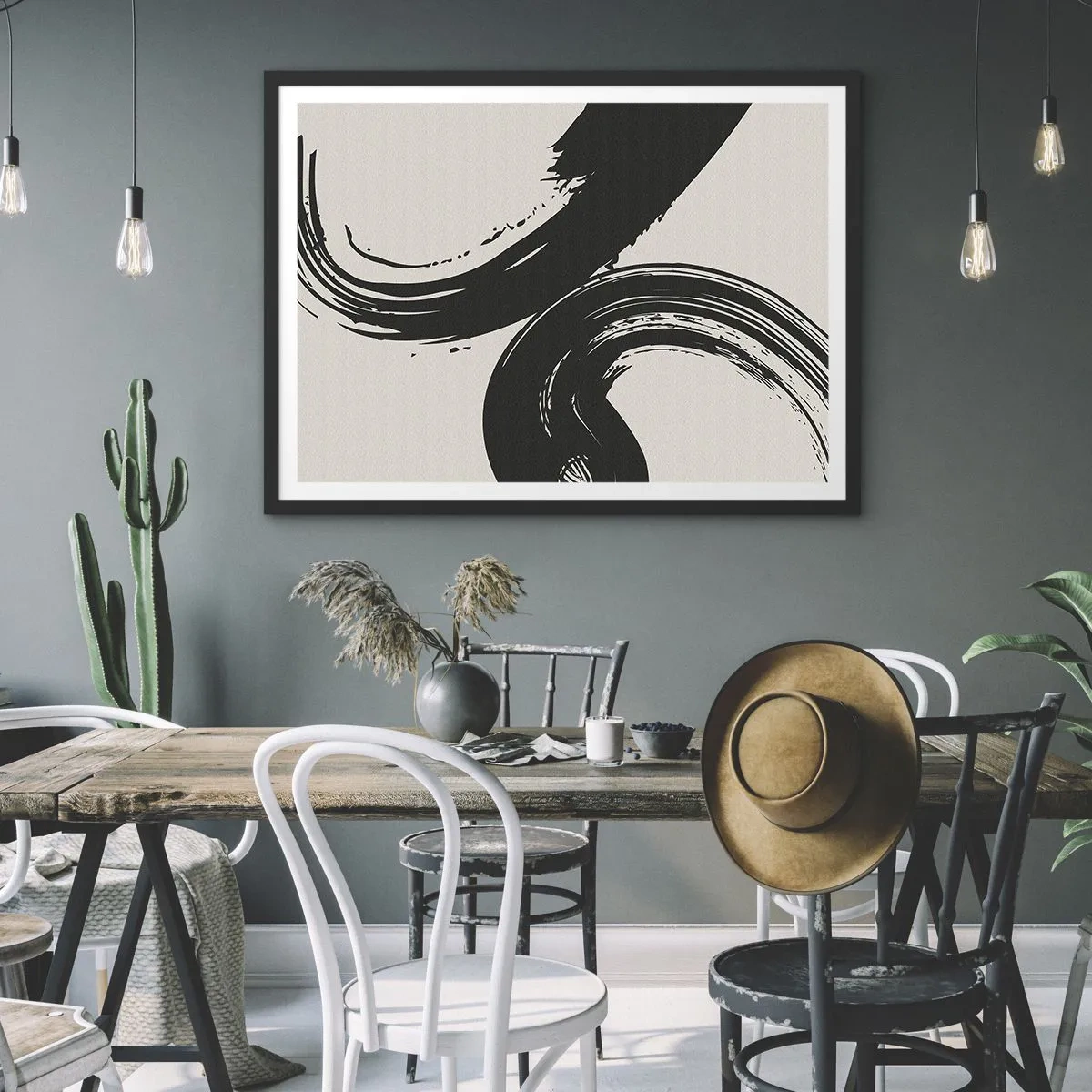 Poster in einem schwarzem Rahmen - Dynamische Pinselstriche in Schwarz auf hellem Hintergrund - 100x70cm - Ausladend und kreisförmig - Moderne Wanddekoration für Wohnzimmer und Schlafzimmer ARTTOR