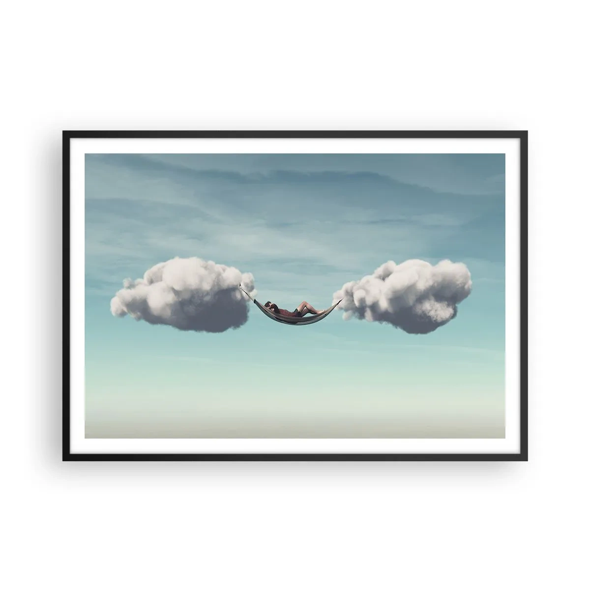 Poster in einem schwarzem Rahmen - Eine Person entspannt in einer Hängematte in den Wolken - 100x70cm - Die Behaglichkeit des Augenblicks - Moderne Wanddekoration für Wohnzimmer und Schlafzimmer ARTTOR