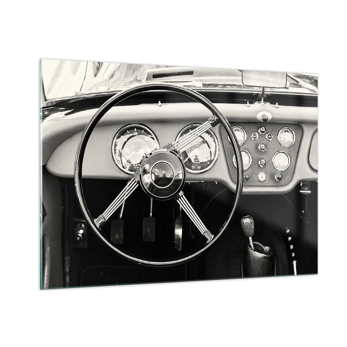 Glasbild - Bild auf glas - Das Lenkrad und die Uhren eines Oldtimers in Sepia - 100x70cm - Ein Sammlertraum - Moderne Wanddekoration für Wohnzimmer und Schlafzimmer ARTTOR