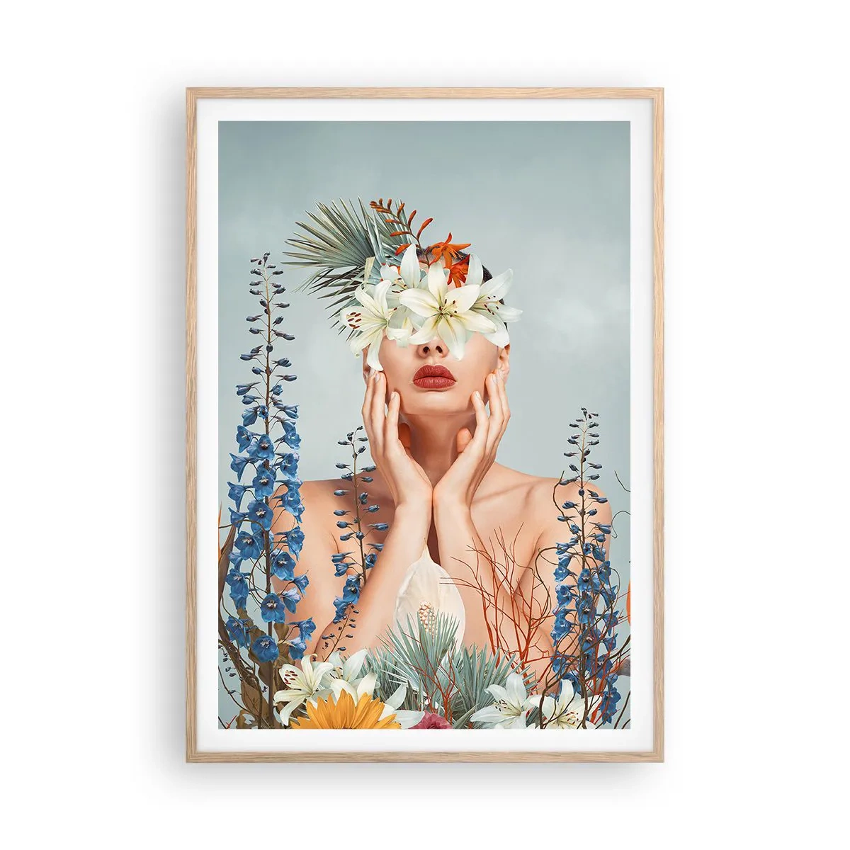 Poster in einem Rahmen aus heller Eiche - Frau - Blume - 70x100 cm