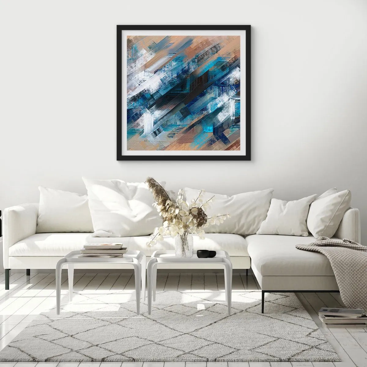 Poster in einem schwarzem Rahmen - Auf einer blauen Diagonale - 40x40 cm