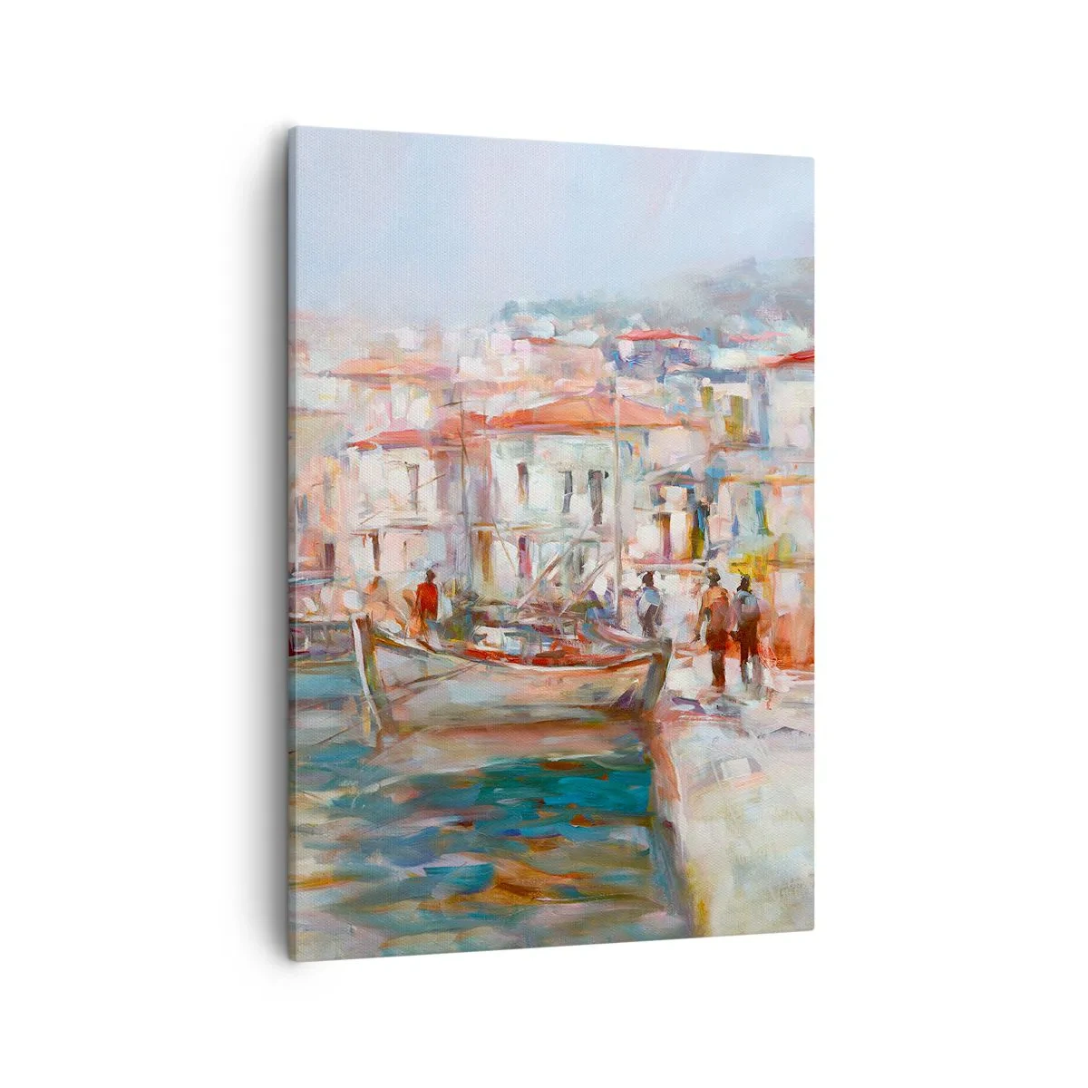 Bild auf Leinwand - Leinwandbild - Hafenimpression mit Booten und Gebäuden - 50x70cm - Pastell-Sommerferien - Moderne Wanddekoration für Wohnzimmer und Schlafzimmer ARTTOR