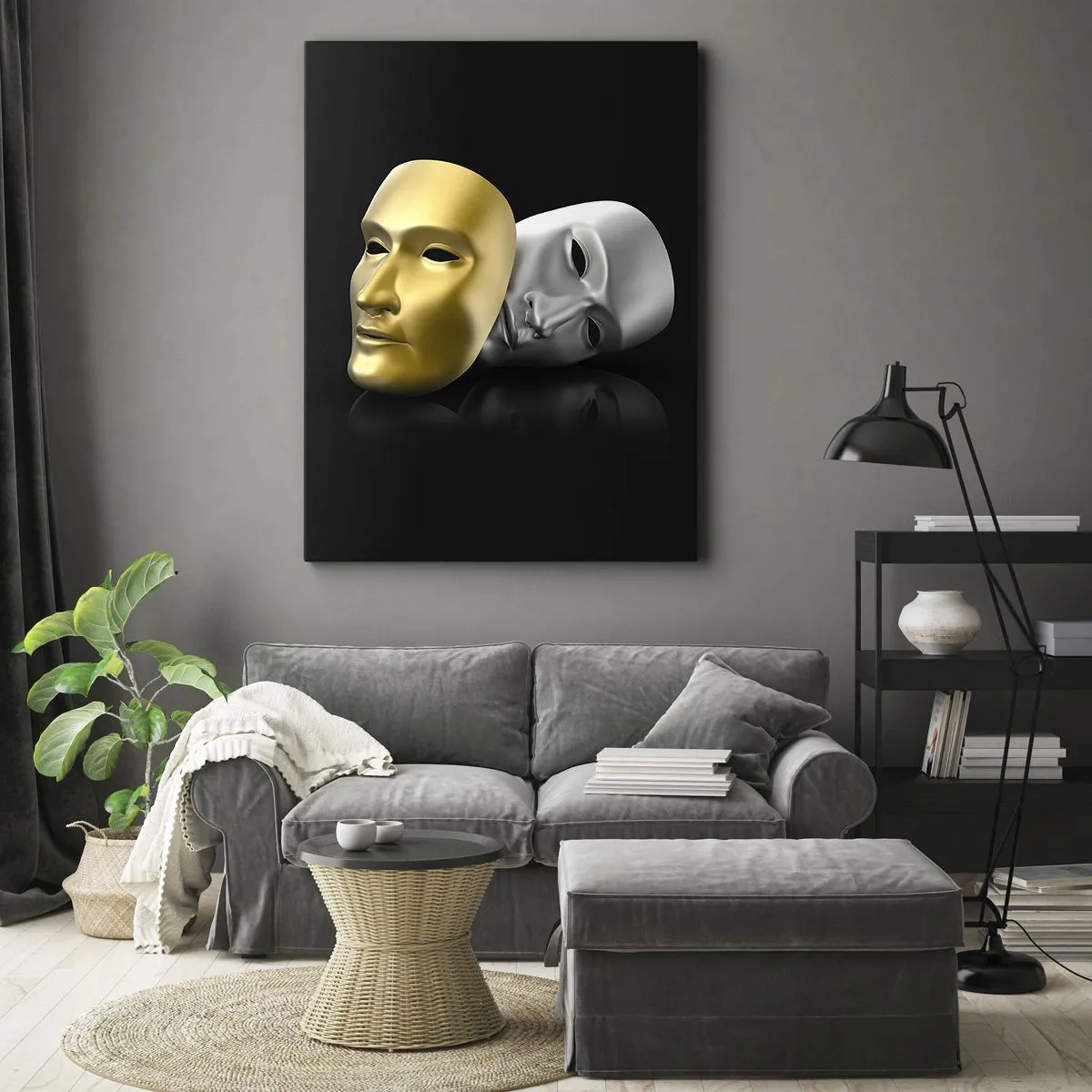 Bild auf Leinwand - Leinwandbild - Gold- und Silbermaske auf schwarzem Hintergrund - 80x120cm - Das Leben ist wie ein Theater - Moderne Wanddekoration für Wohnzimmer und Schlafzimmer ARTTOR
