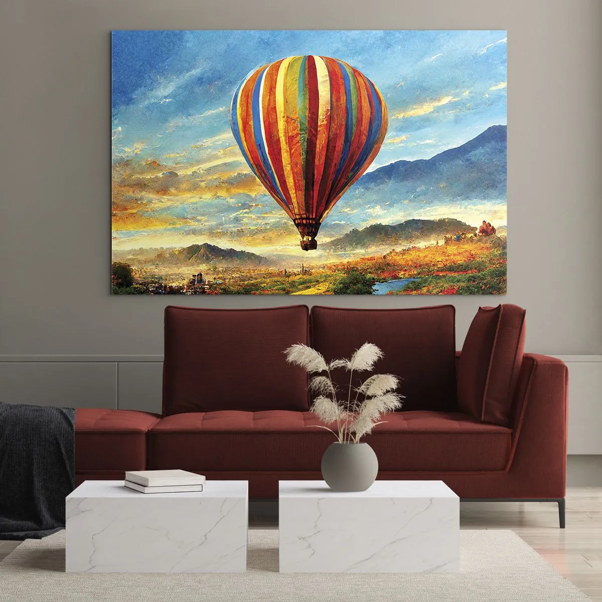 Glasbild - Bild auf glas - Ein bunter Ballon schwebt über einer Berglandschaft - 120x80cm - In der Stille sieht man mehr - Moderne Wanddekoration für Wohnzimmer und Schlafzimmer ARTTOR