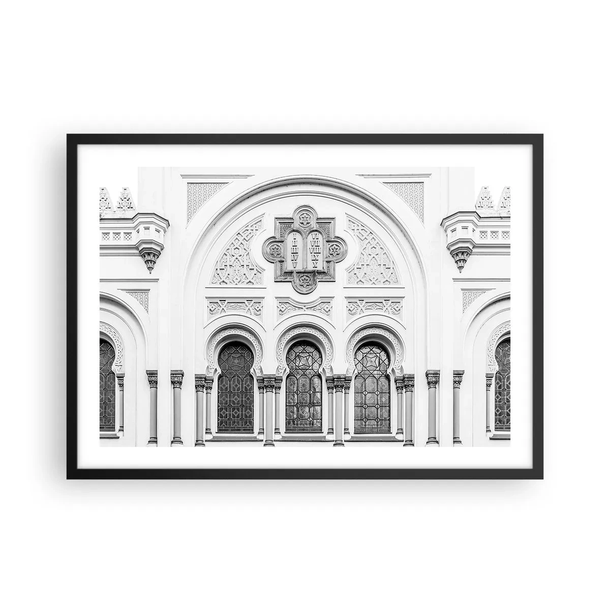Poster in einem schwarzem Rahmen - Architektonische Details der Fassade im monochromen Stil - 70x50cm - An der Grenze der Kulturen - Moderne Wanddekoration für Wohnzimmer und Schlafzimmer ARTTOR