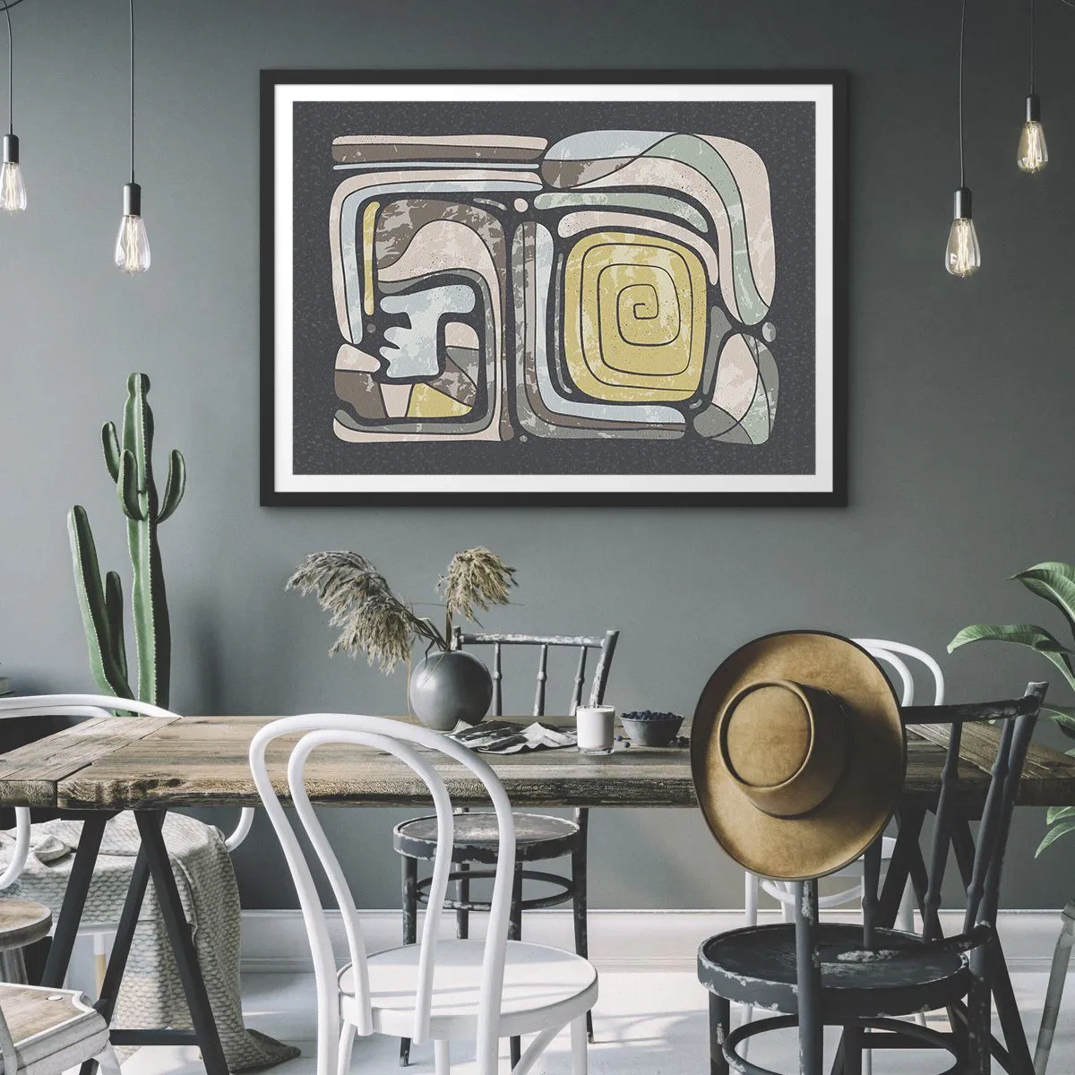 Poster in einem schwarzem Rahmen - Präkolumbianische Muster in Pastellfarben auf dunklem Hintergrund - 100x70cm - Abstraktion im präkolumbianischen Geist - Moderne Wanddekoration für Wohnzimmer und Schlafzimmer ARTTOR