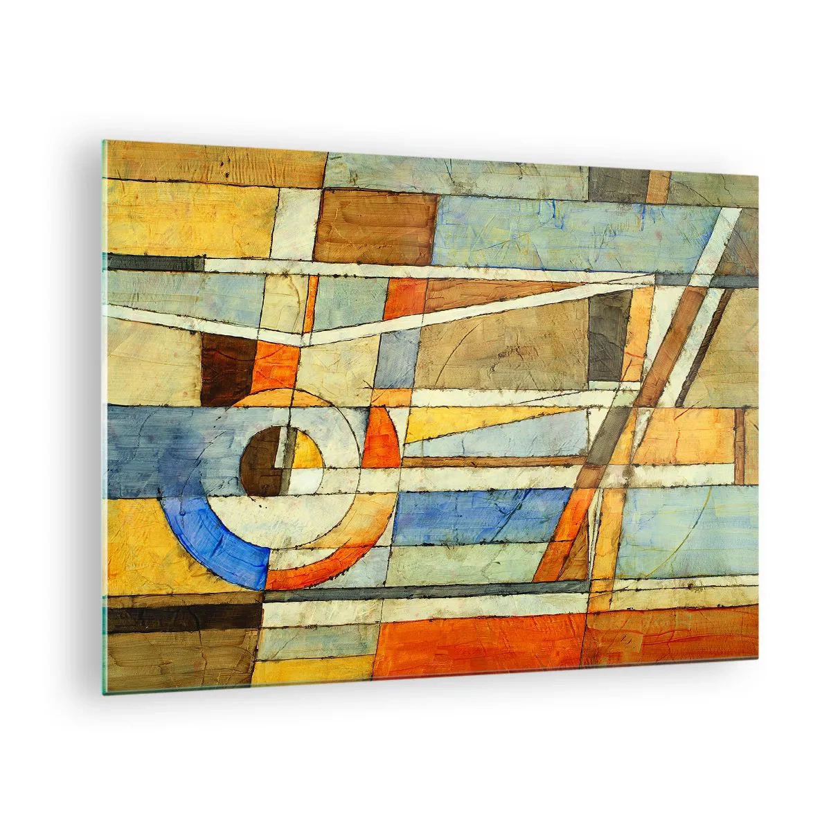Glasbild - Bild auf glas - Eine abstrakte Komposition mit geometrischen Mustern und warmen Farben. - 70x50cm - Kubismus auf der Baustelle - Moderne Wanddekoration für Wohnzimmer und Schlafzimmer ARTTOR