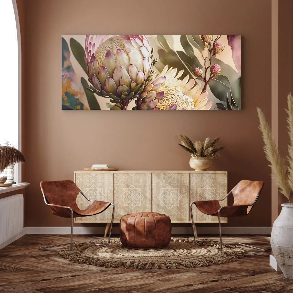 Bild auf Leinwand - Leinwandbild - Bunte Protea-Blüten auf zartem Hintergrund - 160x50cm - Zärtlich umarmt - Moderne Wanddekoration für Wohnzimmer und Schlafzimmer ARTTOR