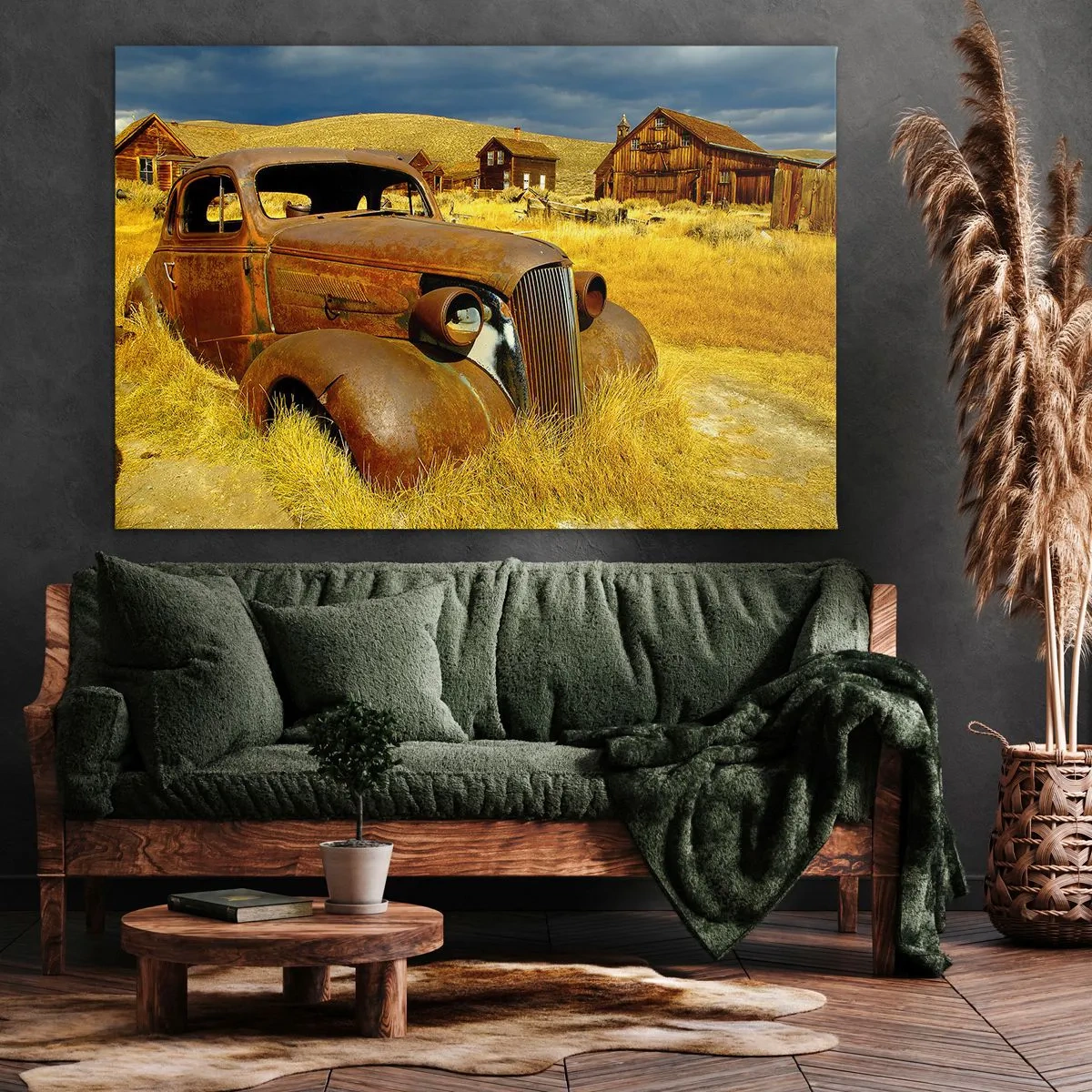 Bild auf Leinwand - Leinwandbild - Ein altes rostiges Auto vor dem Hintergrund verlassener Holzhütten - 120x80cm - Eine wohlverdiente Ruhe - Moderne Wanddekoration für Wohnzimmer und Schlafzimmer ARTTOR