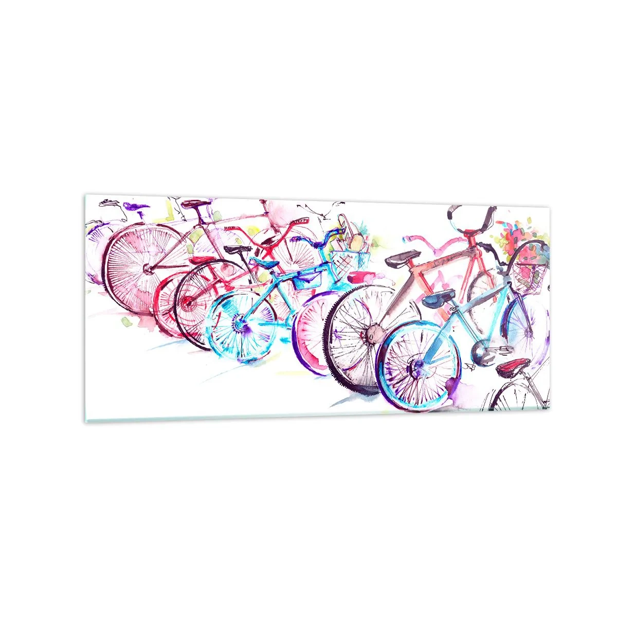 Glasbild - Bild auf glas - Bunte Fahrräder im künstlerischen Aquarell-Stil - 120x50cm - Kongress des Antimoto-Clubs - Moderne Wanddekoration für Wohnzimmer und Schlafzimmer ARTTOR