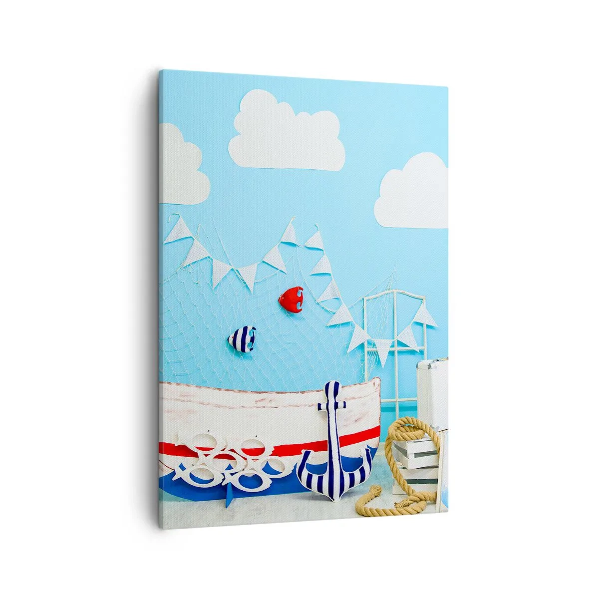 Bild auf Leinwand - Leinwandbild - Nautische Dekoration mit einem Boot und Zubehör auf blauem Hintergrund - 50x70cm - Die Sehnsucht eines Kindes nach Abenteuer - Moderne Wanddekoration für Wohnzimmer und Schlafzimmer ARTTOR