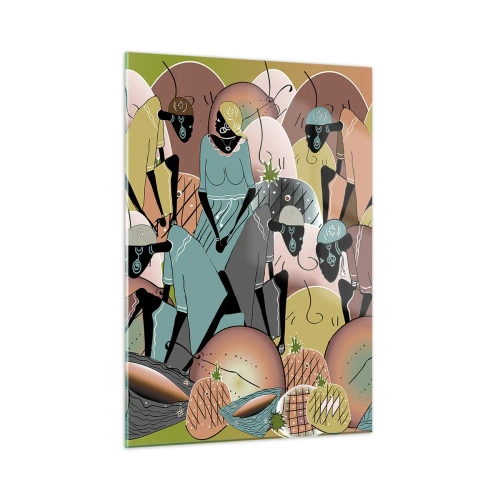 Glasbild - Bild auf glas - Eine abstrakte Illustration von Figuren in Beige-, Grün- und Rosatönen. - 50x70cm - Ein toller Urlaub steht bevor - Moderne Wanddekoration für Wohnzimmer und Schlafzimmer ARTTOR