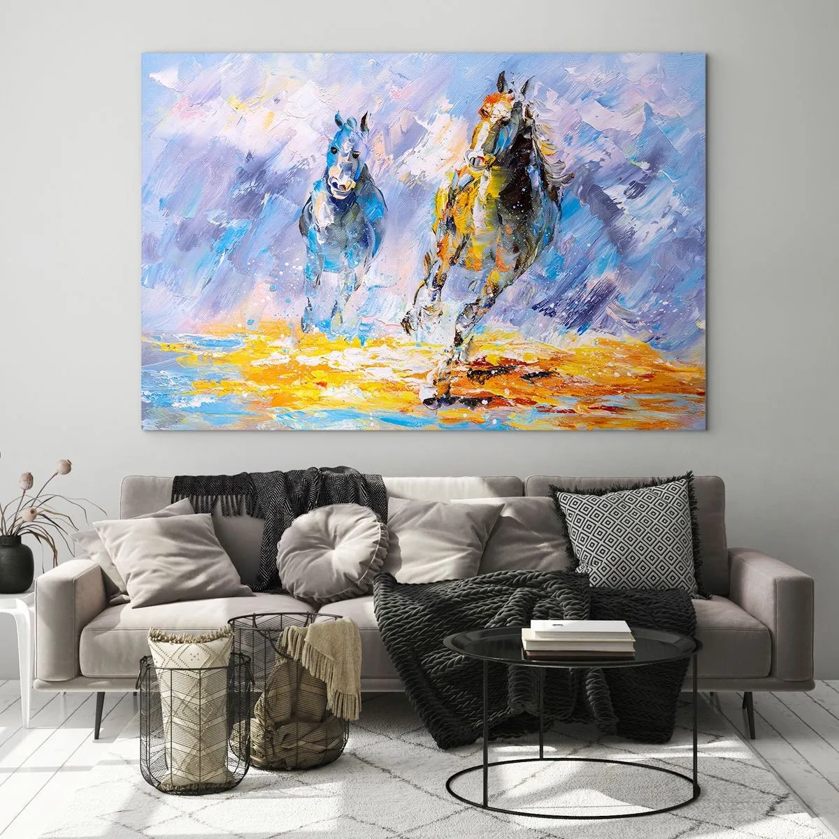 Glasbild - Bild auf glas - Zwei Pferde galoppieren im künstlerischen Stil durchs Wasser - 120x80cm - Galopp durch die Blendung - Moderne Wanddekoration für Wohnzimmer und Schlafzimmer ARTTOR