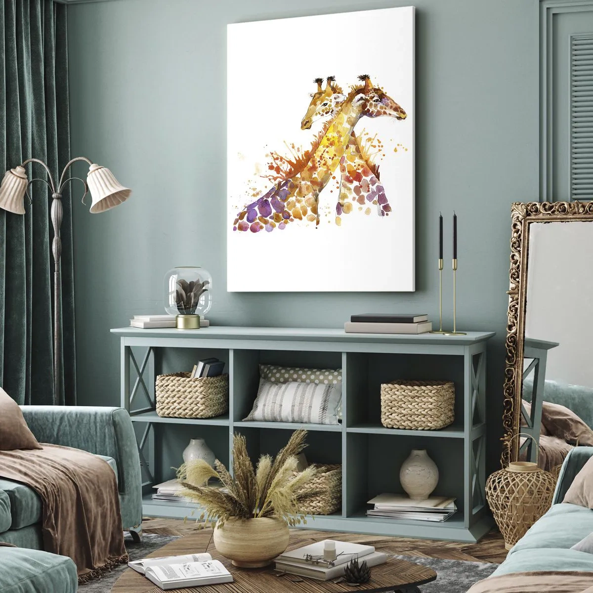 Bild auf Leinwand - Leinwandbild - Aquarell Giraffen in bunten Farbtönen - 50x70cm - Ist es Freundschaft oder ist es Baby? - Moderne Wanddekoration für Wohnzimmer und Schlafzimmer ARTTOR