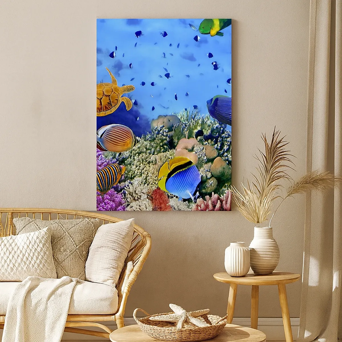Bild auf Leinwand - Leinwandbild - Korallenriff mit bunten Fischen und einer Meeresschildkröte - 50x70cm - Und was wissen wir über das Leben ... - Moderne Wanddekoration für Wohnzimmer und Schlafzimmer ARTTOR