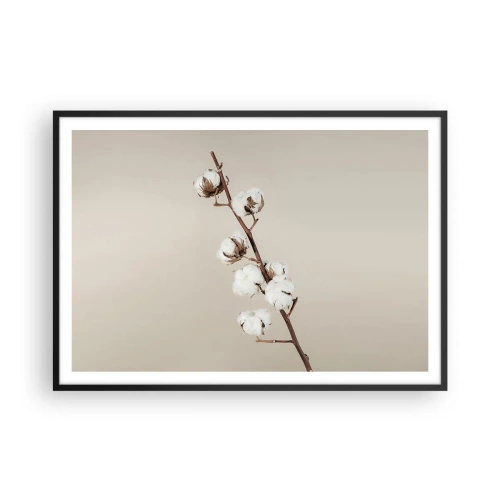 Poster in einem schwarzem Rahmen - Ein Zweig Baumwolle auf beigem Hintergrund - 100x70cm - An der Quelle der Weichheit - Moderne Wanddekoration für Wohnzimmer und Schlafzimmer ARTTOR
