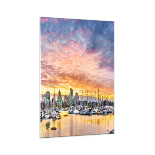 Glasbild - Bild auf glas - Marina mit Yachten und Stadtbild bei Sonnenuntergang - 70x100cm - Die Stadt der tausend Seefahrer - Moderne Wanddekoration für Wohnzimmer und Schlafzimmer ARTTOR
