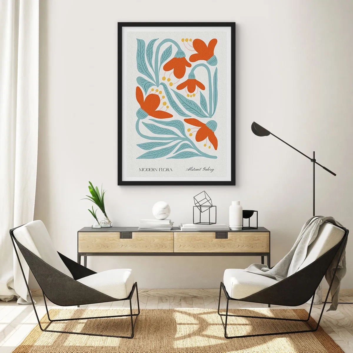 Poster in einem schwarzem Rahmen - Dekorative Blumen in Orange- und Blautönen - 50x70cm - Zur Erde, zur Sonne - Moderne Wanddekoration für Wohnzimmer und Schlafzimmer ARTTOR