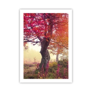 Poster - Ein Baum mit roten Blättern in einer Herbstlandschaft - 50x70cm - Blühende Raserei - Moderne Wanddekoration für Wohnzimmer und Schlafzimmer ARTTOR