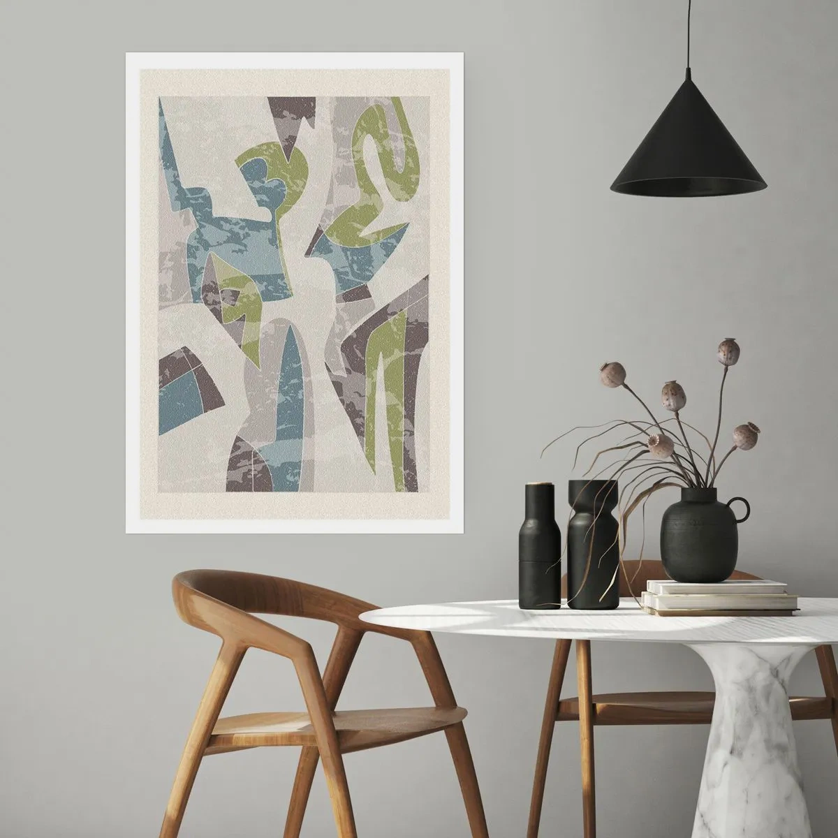 Poster - Abstrakte Figuren in Grün- und Blautönen - 50x70cm - Komposition hinter dem Glas - Moderne Wanddekoration für Wohnzimmer und Schlafzimmer ARTTOR