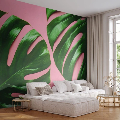 Selbstklebende Fototapete Deluxe Sticker - Rendezvous im Grünen - Monstera, Grünes Blatt, Exotische Pflanze - 350x256 cm