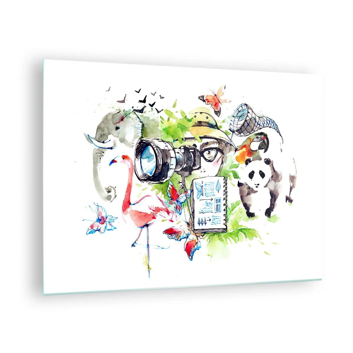 Glasbild - Bild auf glas - Illustration eines Fotografen mit einer Kamera und Tieren - 70x50cm - In der Linse eines Reisenden - Moderne Wanddekoration für Wohnzimmer und Schlafzimmer ARTTOR