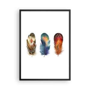 Poster in einem schwarzem Rahmen - Bunte Federn im künstlerischen Stil auf weißem Hintergrund - 50x70cm - Rituale, Zeremonien, Geheimnisse - Moderne Wanddekoration für Wohnzimmer und Schlafzimmer ARTTOR