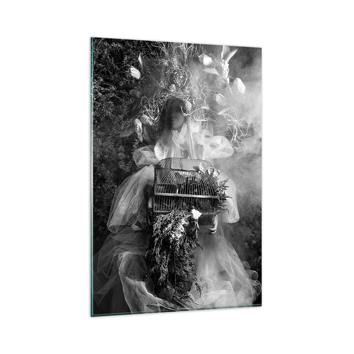 Glasbild - Bild auf glas - Eine Schwarz-Weiß-Komposition mit einer Figur in einem Kleid und einem Käfig im Nebel. - 80x120cm - Mutter selbst - Natur - Moderne Wanddekoration für Wohnzimmer und Schlafzimmer ARTTOR