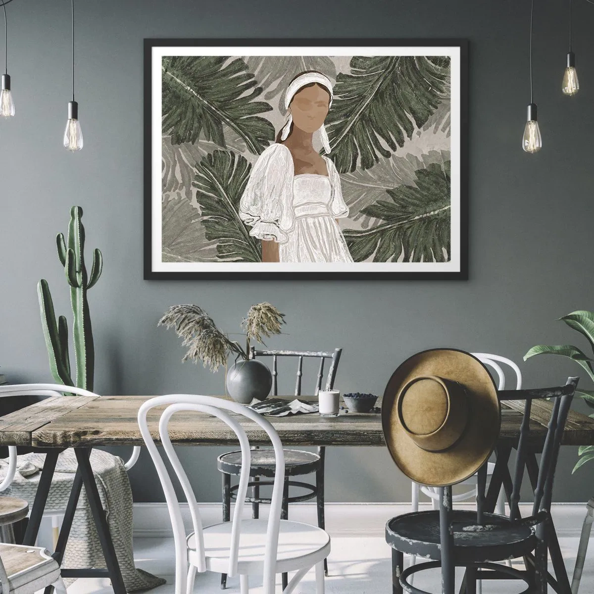 Poster in einem schwarzem Rahmen - Porträt einer Frau in einem weißen Kleid vor einem Hintergrund aus Monstera-Blättern - 70x50cm - Exotisches Porträt - Moderne Wanddekoration für Wohnzimmer und Schlafzimmer ARTTOR