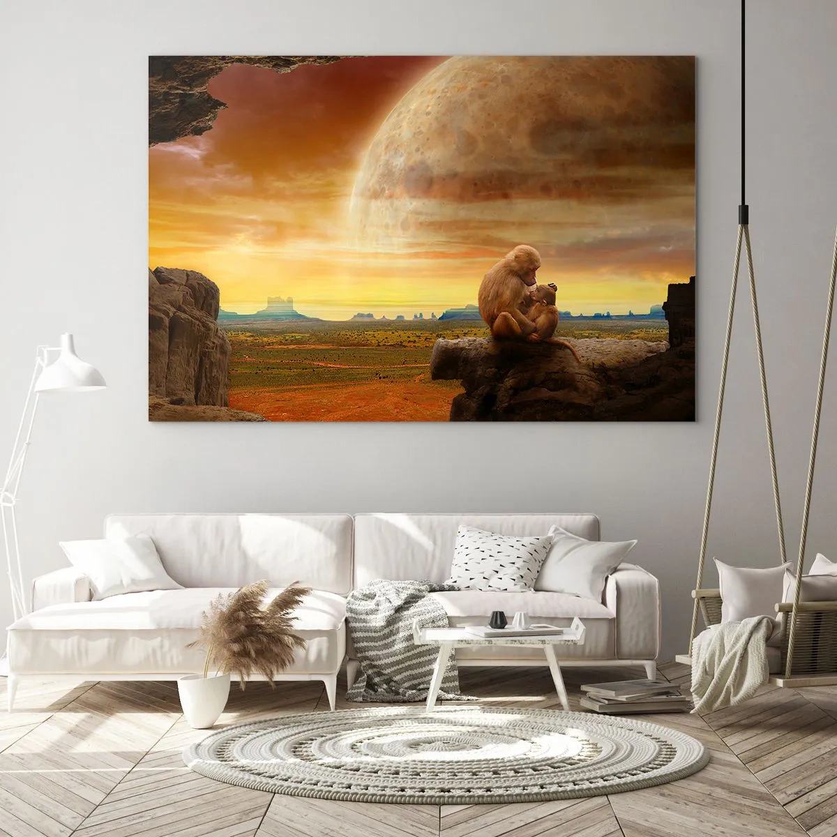 Glasbild - Bild auf glas - Affen sitzen auf einem Felsen mit einem riesigen Mond im Hintergrund - 100x70cm - Die Liebe ist überall gleich - Moderne Wanddekoration für Wohnzimmer und Schlafzimmer ARTTOR