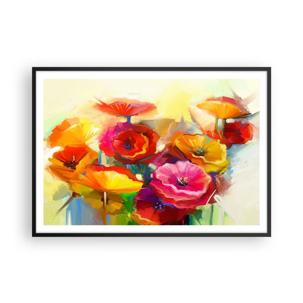 Poster in einem schwarzem Rahmen - Bunte abstrakte Blumen auf hellem Hintergrund - 100x70cm - Nicht nur rot - Moderne Wanddekoration für Wohnzimmer und Schlafzimmer ARTTOR